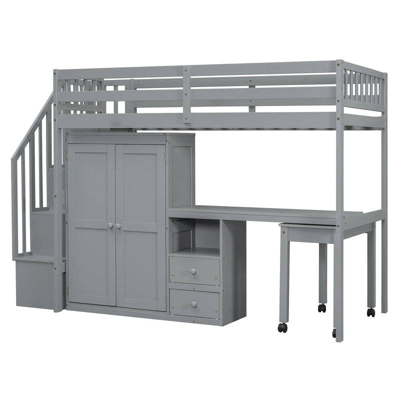 Loft Bed With Stairs, Bookshelf, Drawers, Desk & Wardrobe, Space Saving Multifunctional Furniture by HouseOfZazla