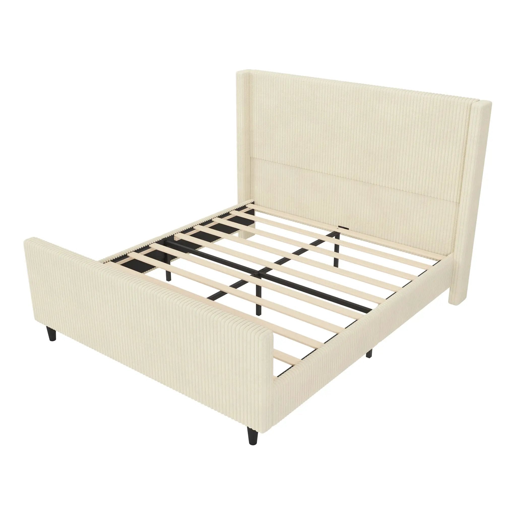 Corduroy Upholstered Bed Frame with Vertical Stripe Wingback and High Footboard by HouseOfZazla