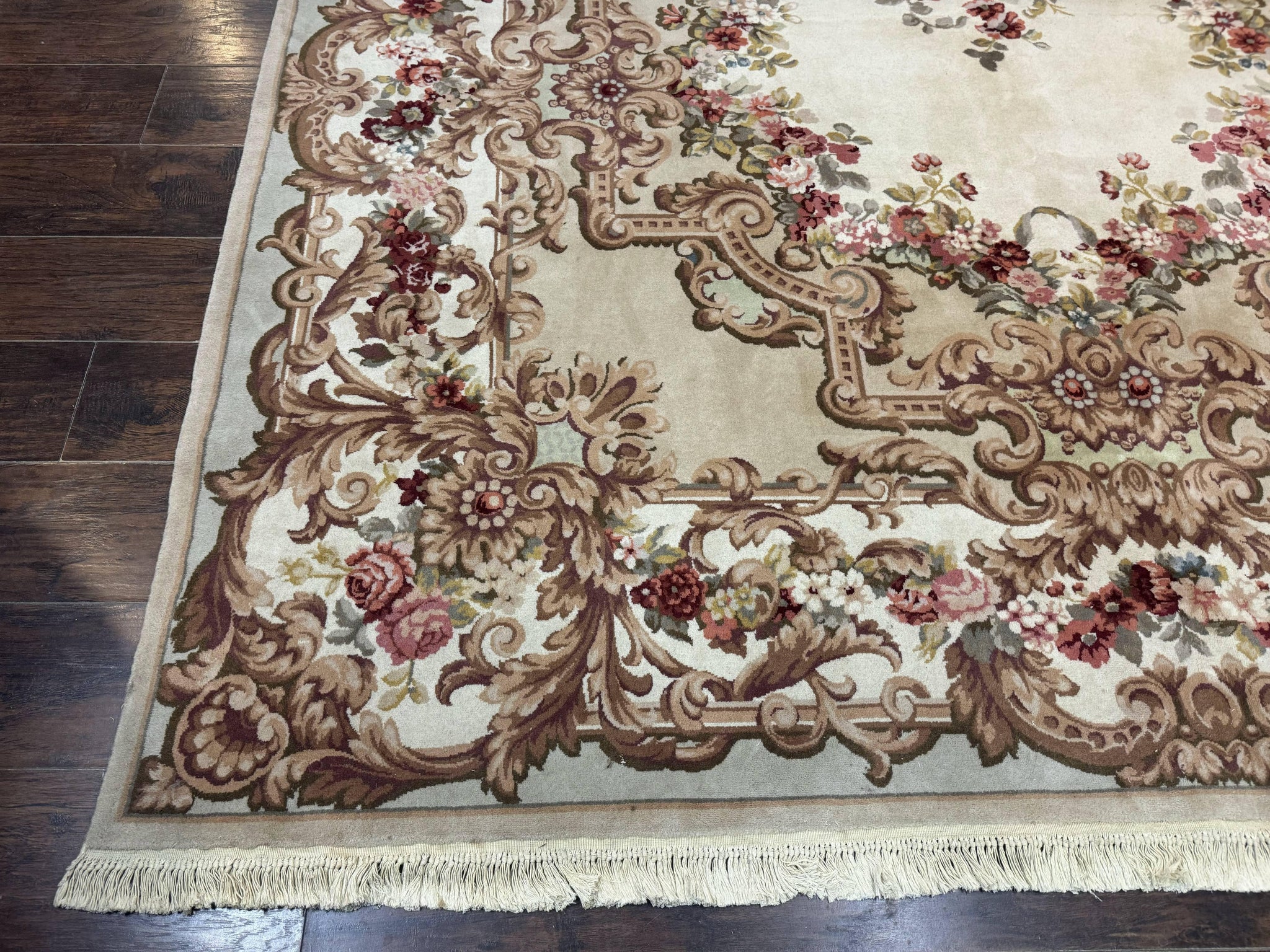 Aubusson Rug 8x12, European French Savonnerie Design, Thick Wool Pile, Elegant Rug, Cream Beige Light Green by Jewel Rugs