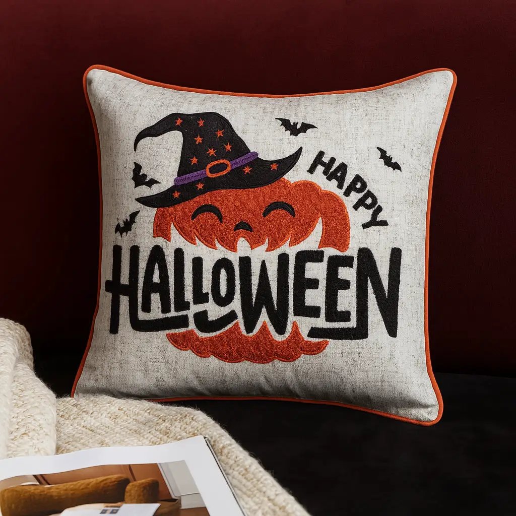 Embroidered Halloween Pumpkin Accent Pillow by HouseOfZazla
