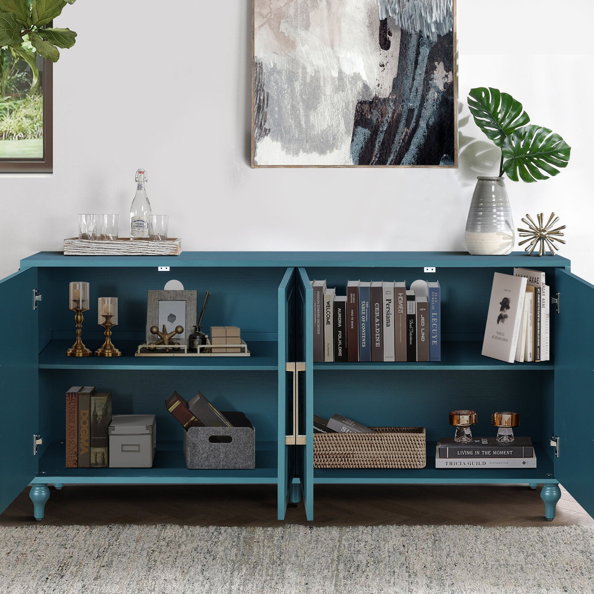 63'' Large Storage Cabinet with Metal Handle, Carved Flower Doors, Wooden Mordern Sideboard Console with Adjustable Shelves for Living Room, Kitchen, Entryway(Navy Blue), photo 6 of 10