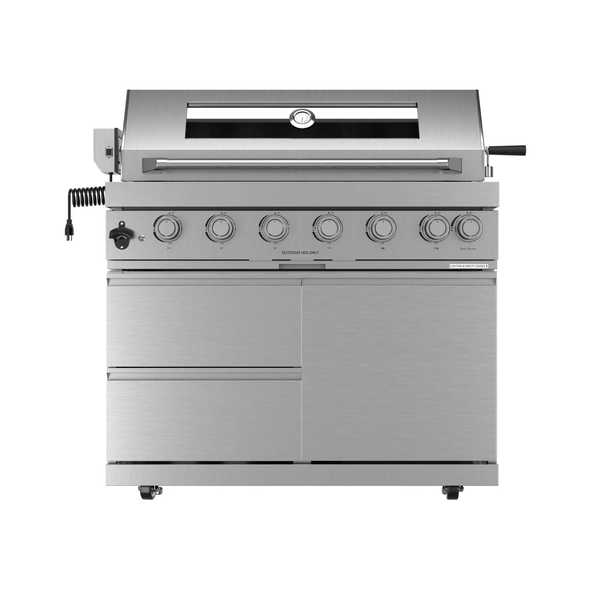 Castelle Flame Blaze 108-Inch 6-Burner 85K BTU Deluxe Stainless Steel Liquid Propane Outdoor Kitchen Grill Island With Wine Cooler, Rotisserie, Cabinets, And Granite Countertops (SAK58310) by SAKSBY WHOLESALE
