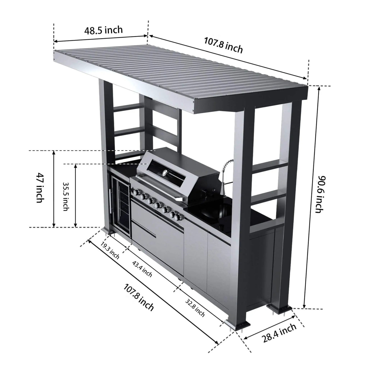 Castelle Flame Blaze 108-Inch 6-Burner 85K BTU Deluxe Stainless Steel Liquid Propane Outdoor Kitchen Grill Island With Wine Cooler, Rotisserie, Cabinets, And Granite Countertops (SAK58310) by SAKSBY WHOLESALE