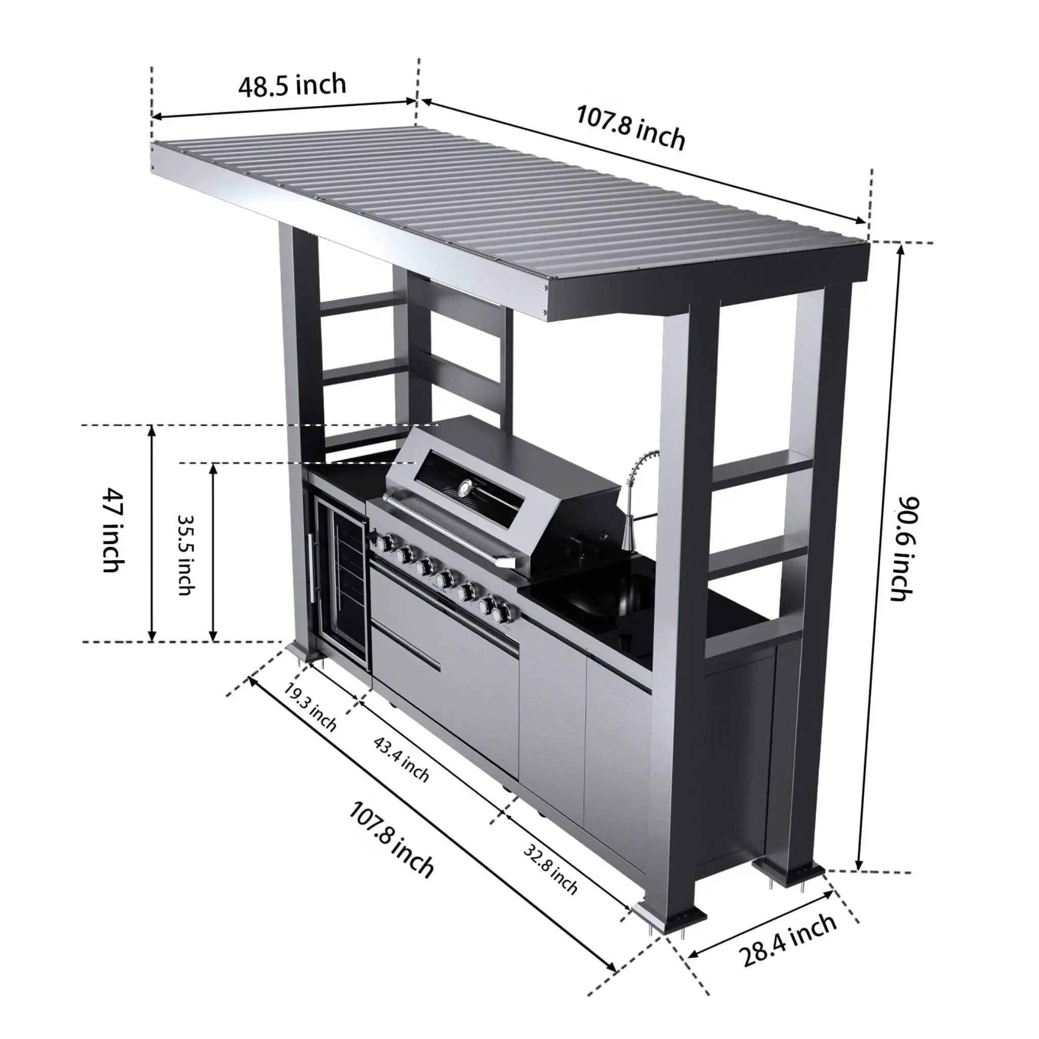 Castelle Flame Blaze 108-Inch 6-Burner 85K BTU Deluxe Stainless Steel Liquid Propane Outdoor Kitchen Grill Island With Wine Cooler, Rotisserie, Cabinets, And Granite Countertops (SAK58310) by SAKSBY WHOLESALE