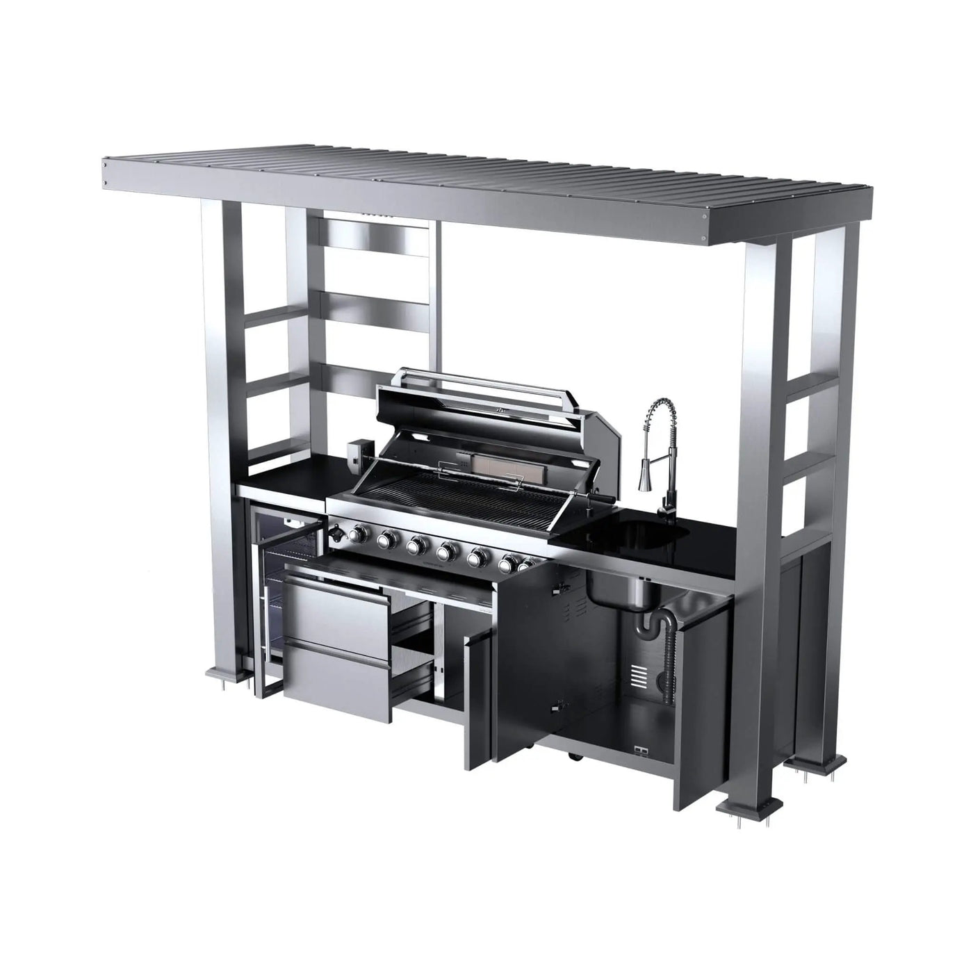 Castelle Flame Blaze 108-Inch 6-Burner 85K BTU Deluxe Stainless Steel Liquid Propane Outdoor Kitchen Grill Island With Wine Cooler, Rotisserie, Cabinets, And Granite Countertops (SAK58310) by SAKSBY WHOLESALE