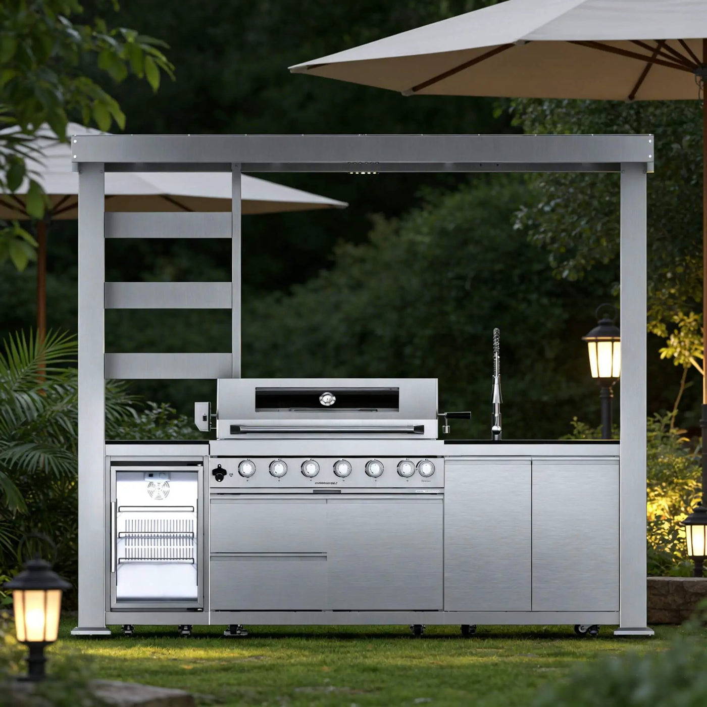 Castelle Flame Blaze 108-Inch 6-Burner 85K BTU Deluxe Stainless Steel Liquid Propane Outdoor Kitchen Grill Island With Wine Cooler, Rotisserie, Cabinets, And Granite Countertops (SAK58310) by SAKSBY WHOLESALE
