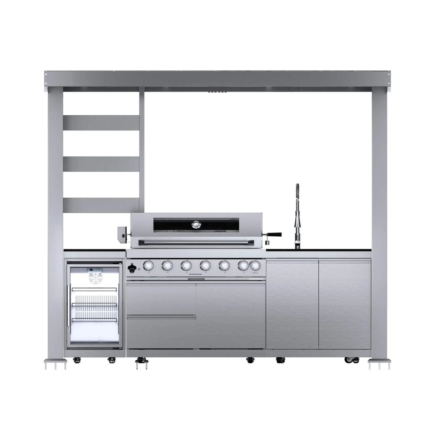 Castelle Flame Blaze 108-Inch 6-Burner 85K BTU Deluxe Stainless Steel Liquid Propane Outdoor Kitchen Grill Island With Wine Cooler, Rotisserie, Cabinets, And Granite Countertops (SAK58310) by SAKSBY WHOLESALE