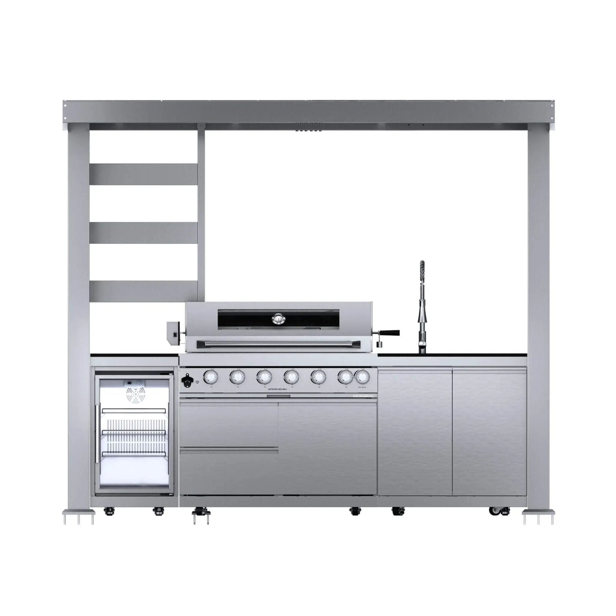 Castelle Flame Blaze 108-Inch 6-Burner 85K BTU Deluxe Stainless Steel Liquid Propane Outdoor Kitchen Grill Island With Wine Cooler, Rotisserie, Cabinets, And Granite Countertops (SAK58310) by SAKSBY WHOLESALE