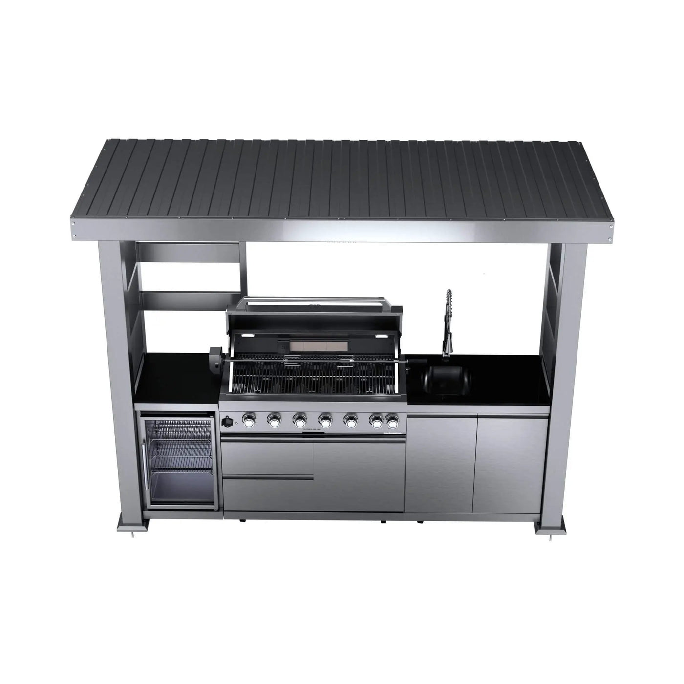 Castelle Flame Blaze 108-Inch 6-Burner 85K BTU Deluxe Stainless Steel Liquid Propane Outdoor Kitchen Grill Island With Wine Cooler, Rotisserie, Cabinets, And Granite Countertops (SAK58310) by SAKSBY WHOLESALE