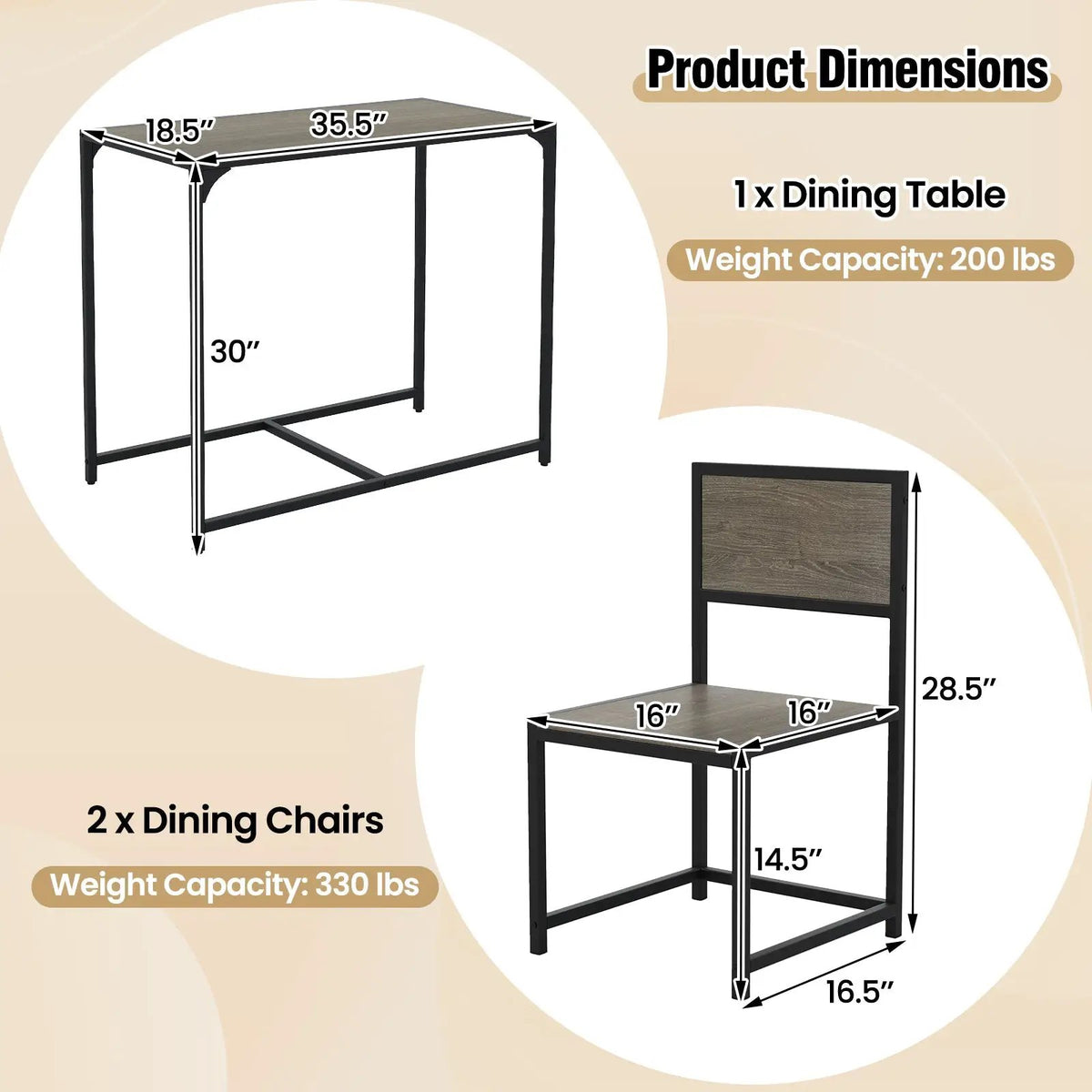 3 Pcs Dining Set Compact Table and 2 Chair with Metal Frame for for Small Space by DirectDeals