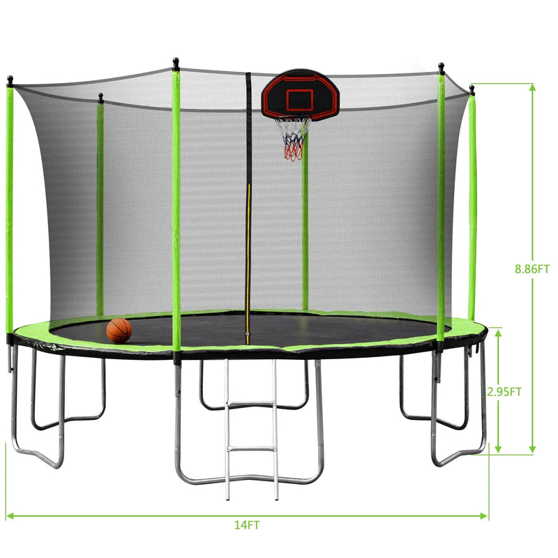 14Ft Trampoline With Basketball Hoop Inflator And Ladder (Inner Safety Enclosure) - Green by HouseOfZazla