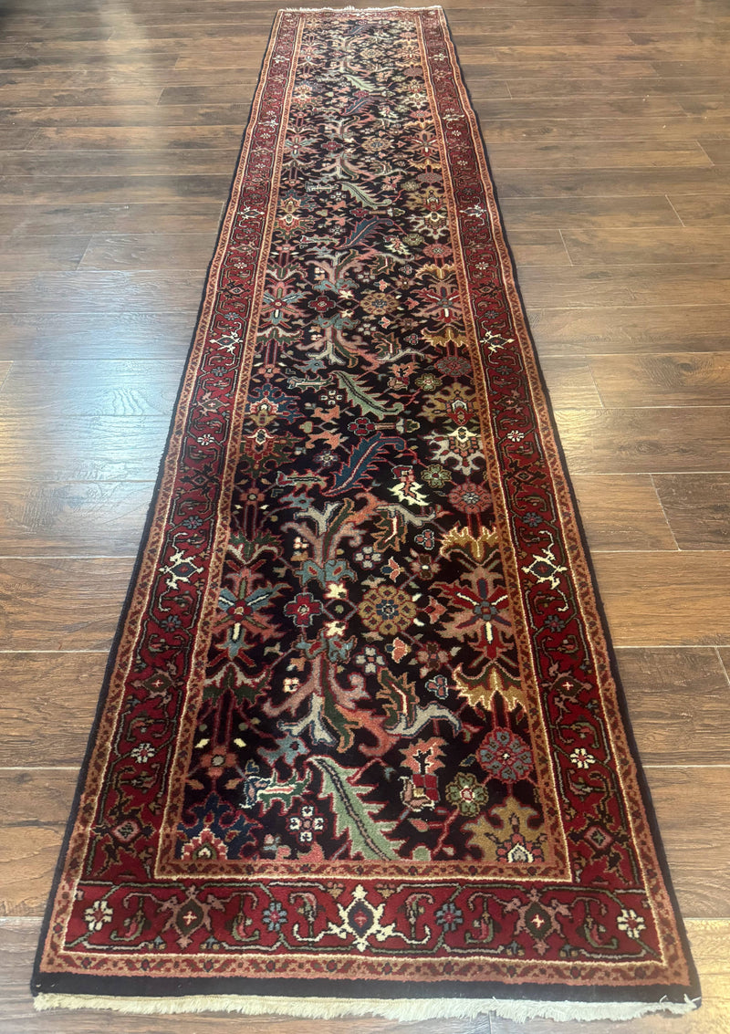 Indo Persian Runner Rug 2.7 x 13, Navy Blue and Red, Allover Floral, Wool, 13ft Runner by Jewel Rugs
