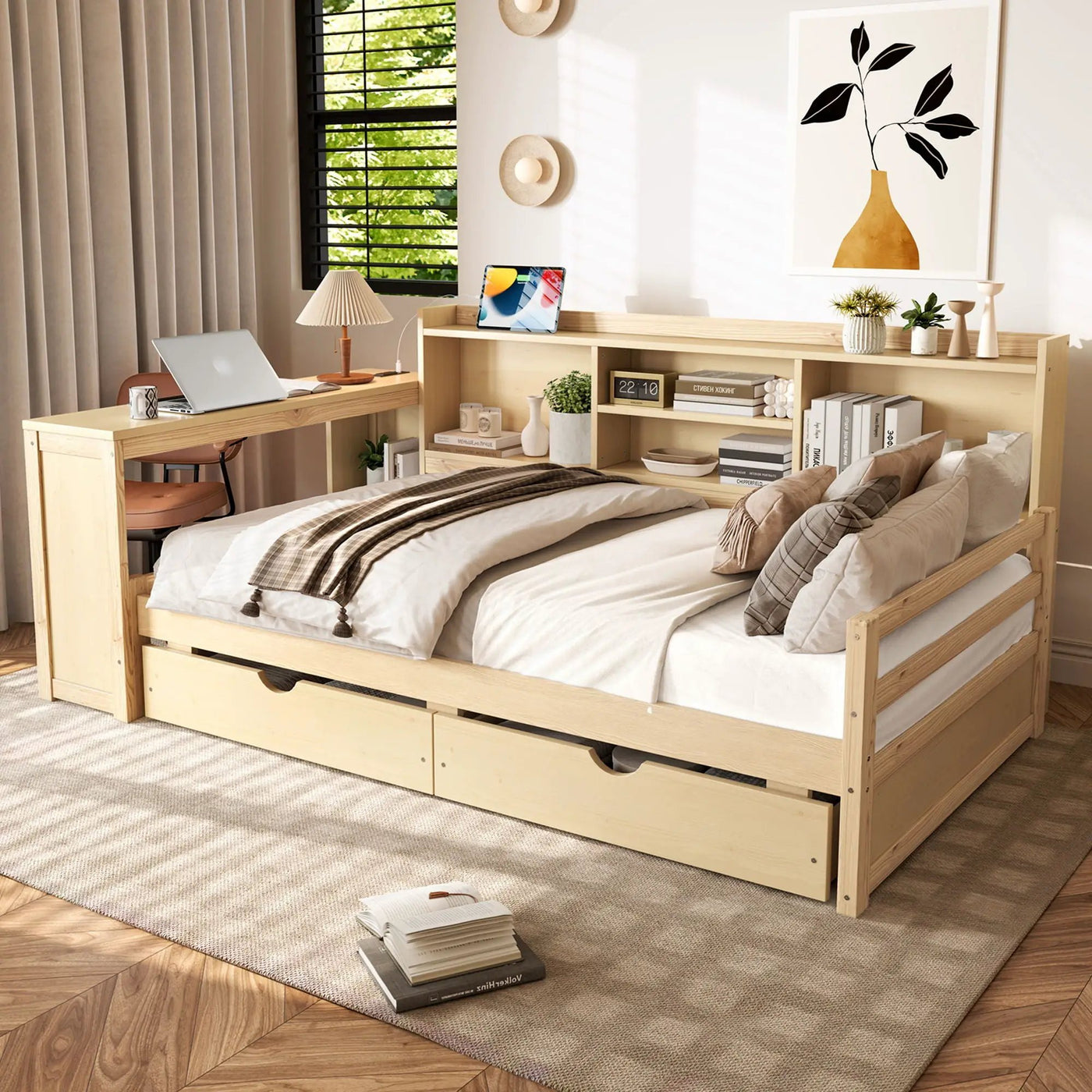 Corner Daybed With Storage Drawers, Desk, Charging Port & Bookcase by HouseOfZazla