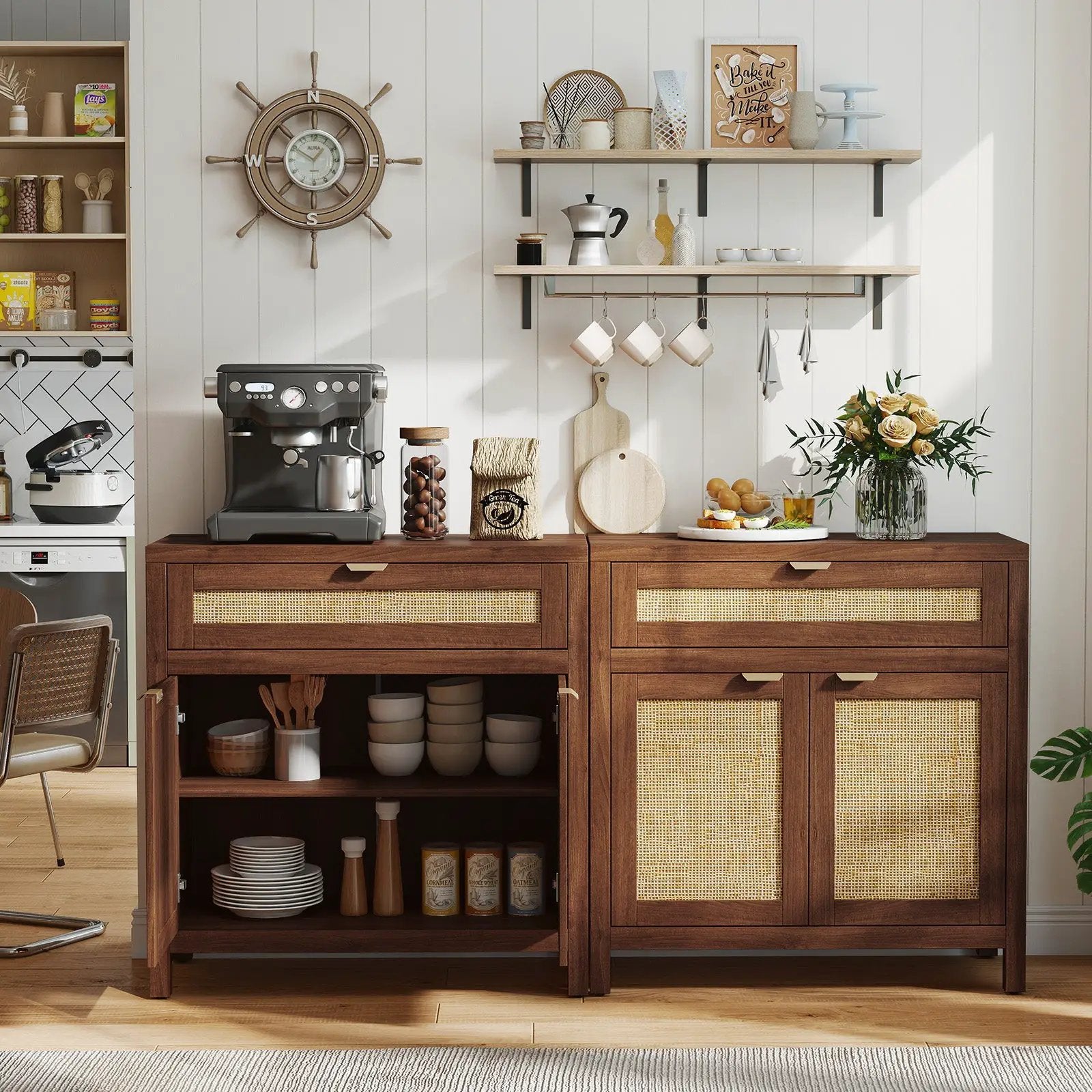 Sideboard Storage Cabinet with Rattan Doors and Drawer-Brown by DirectDeals