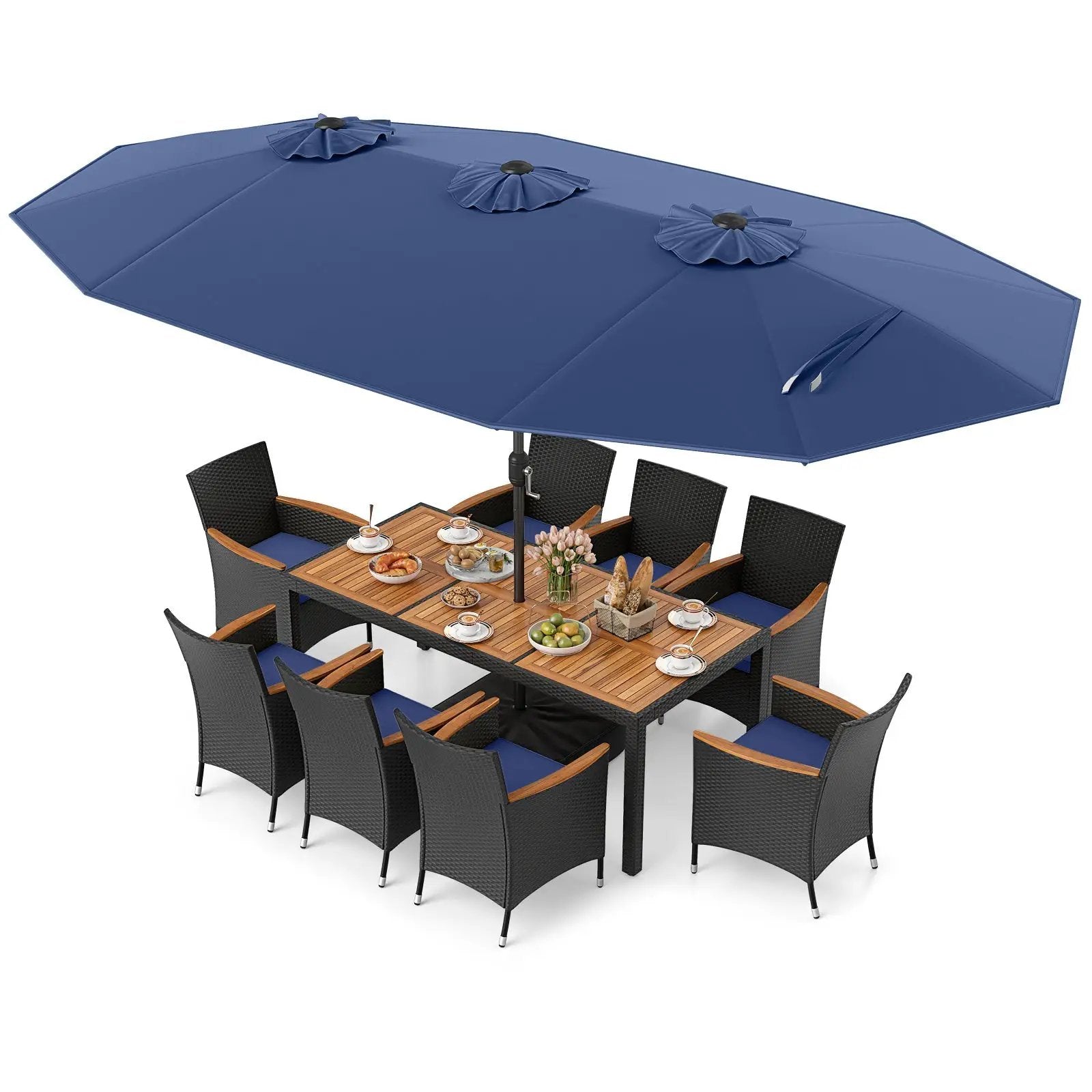 10 Piece Outdoor Patio Dining Set with 15 Feet Double-Sided Twin Umbrella by DirectDeals