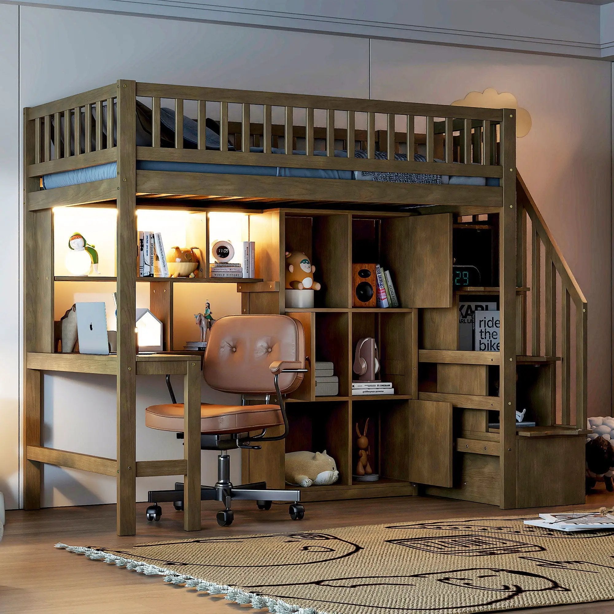 Loft Bed With Built In L Shaped Desk, LED Lights, Storage Shelves, Cabinets, And Staircase by HouseOfZazla
