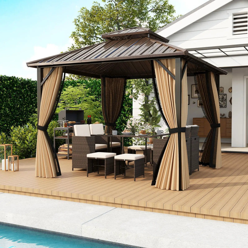 Hardtop Gazebo 10x10 ft with Netting and Curtains by DirectDeals