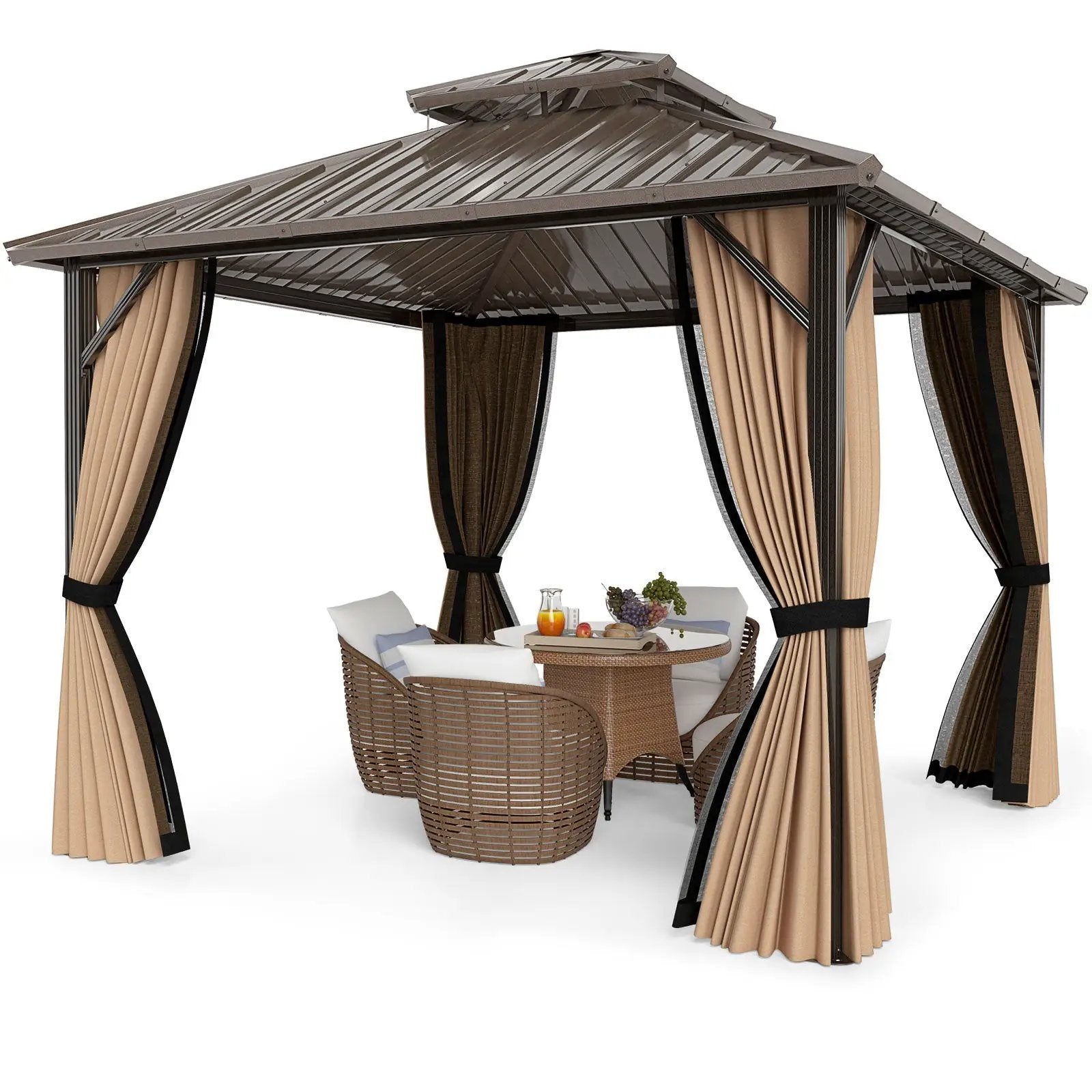 Hardtop Gazebo 10x10 ft with Netting and Curtains by DirectDeals
