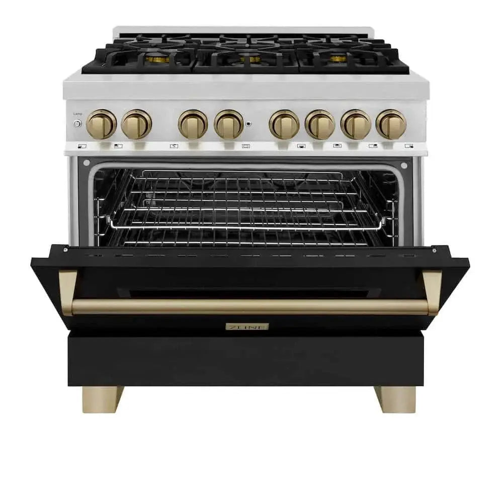 ZLINE 36" Autograph Dual Fuel Range, Black, Bronze, RAZ-BLM-36-CB by Farmhouse Kitchen and Bath