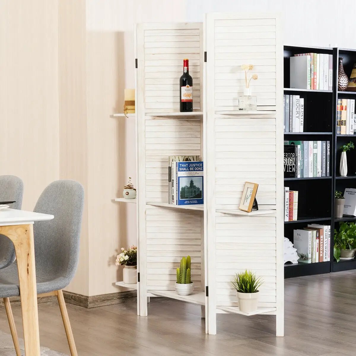 4 Panel Folding Room Divider Screen with 3 Display Shelves by DirectDeals