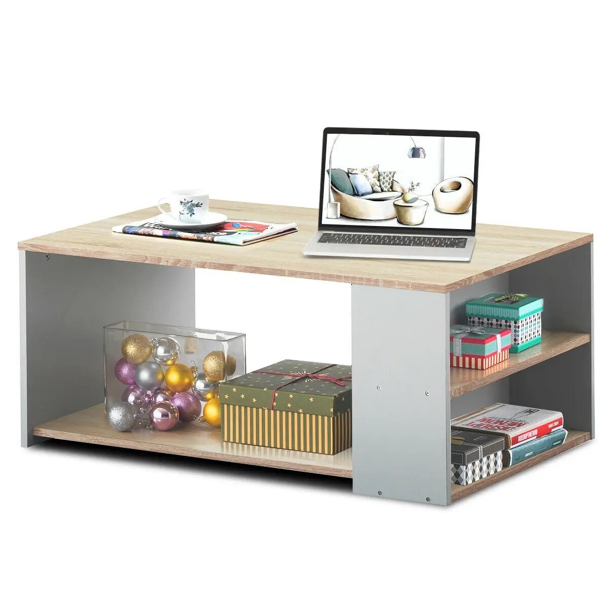 Coffee Table Sofa Side Table with Storage Shelves by DirectDeals