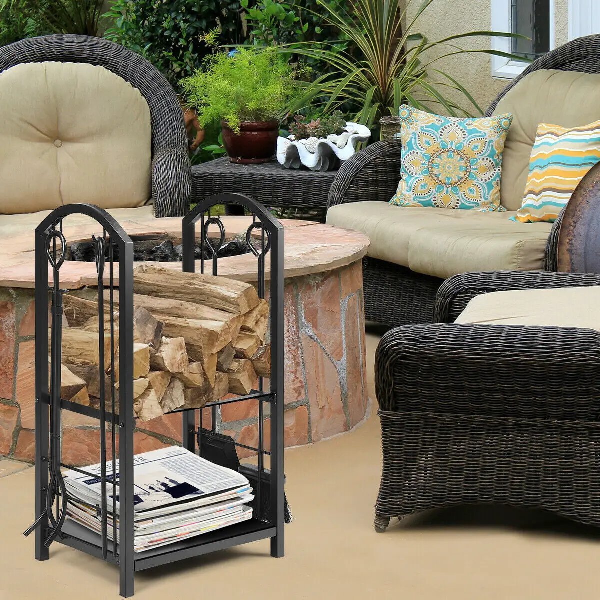 Fireplace Log Rack with 4 Tools Set Fireside Firewood Holder by DirectDeals