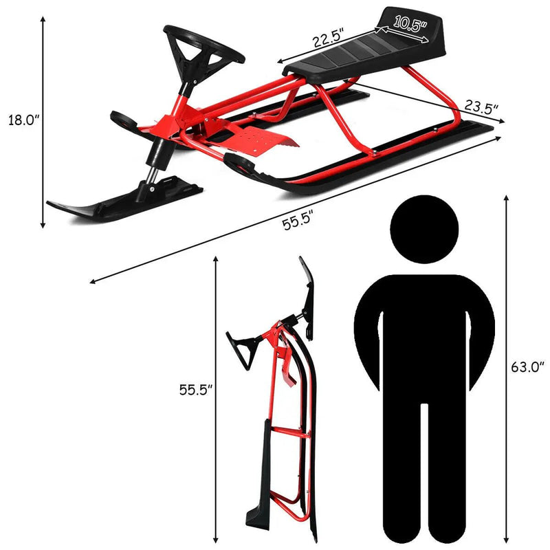55.5 x 23.5 Inch Snow Sled with Steering Wheel and Double Brakes Pull Rope Slider by DirectDeals