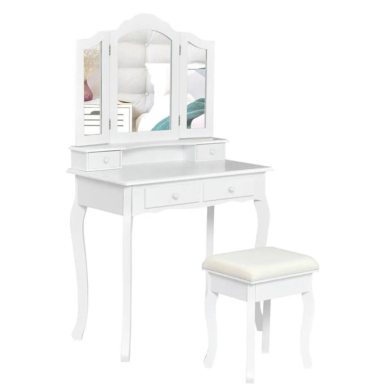 4 Drawers Wood Mirrored Vanity Dressing Table with Stool by DirectDeals