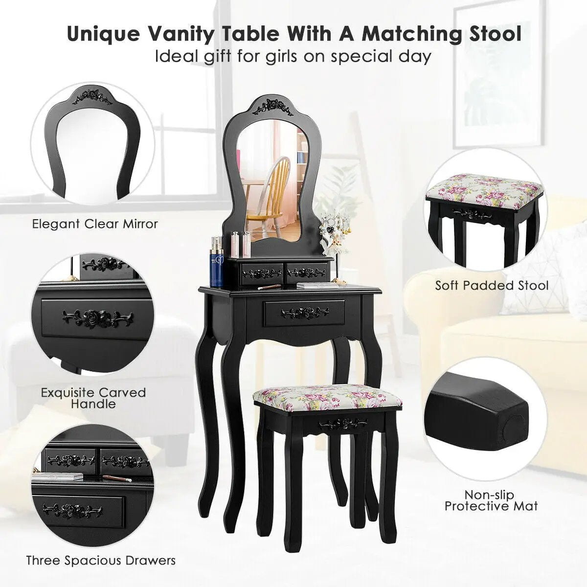 Makeup Dressing Table and Bench 3 Drawers and Cushioned Stool for Girls by DirectDeals