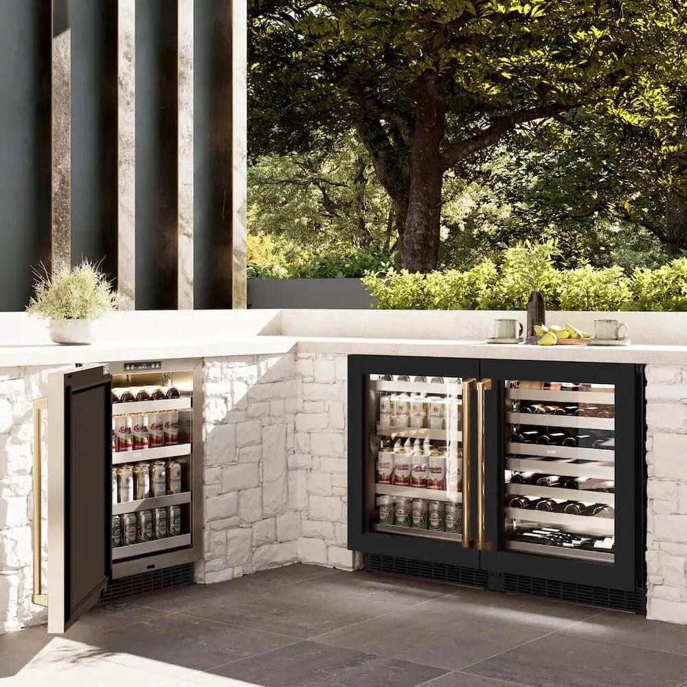 ZLINE 24" Touchstone 151 Can Beverage Fridge Black Matte Glass Door Gold RBSOZ-BLM-24-G by Farmhouse Kitchen and Bath
