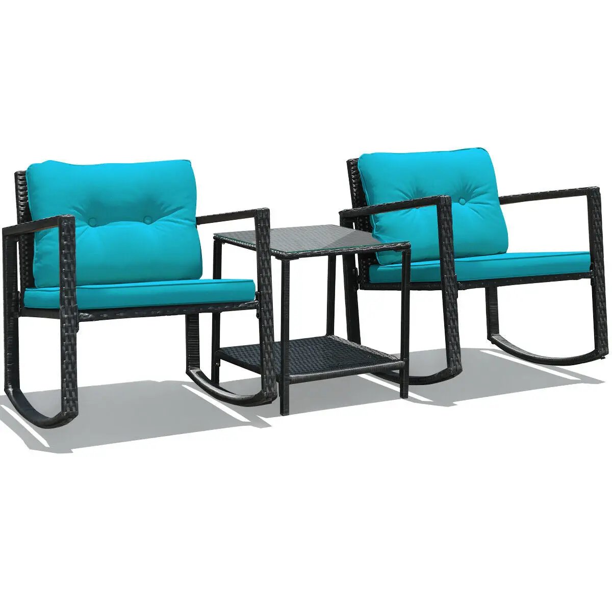 3 Pieces Cushioned Patio Rattan Set with Rocking Chair and Table-Black by DirectDeals