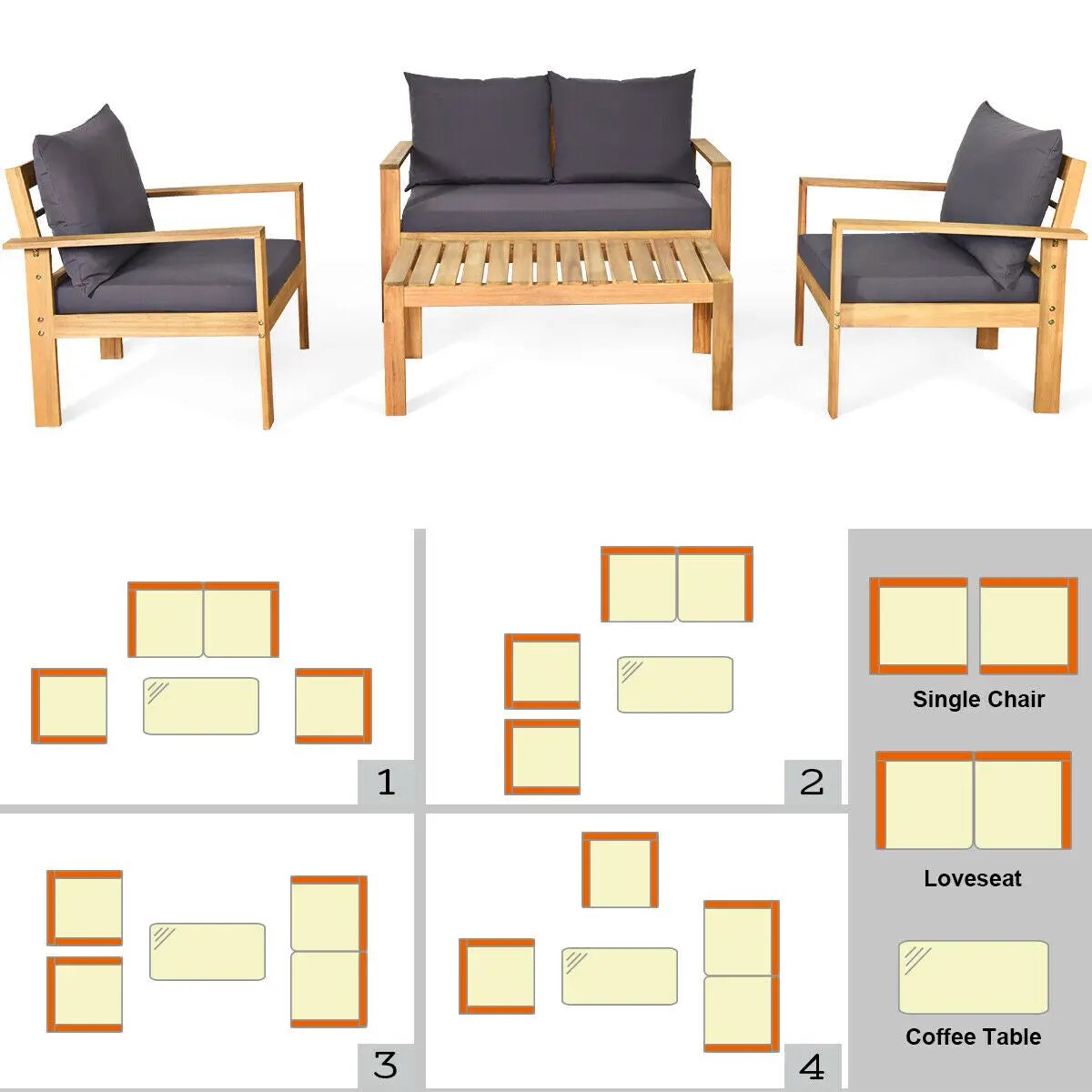 Outdoor 4 Pieces Acacia Wood Chat Set with Water Resistant Cushions by DirectDeals