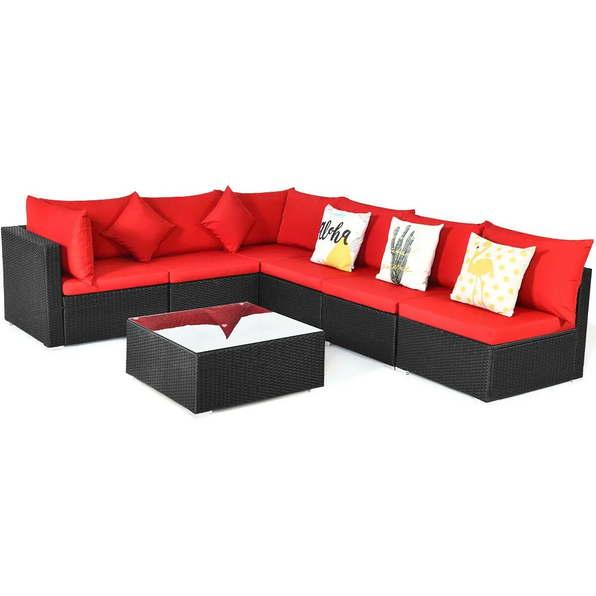 7 Pieces Sectional Wicker Furniture Sofa Set with Tempered Glass Top-Red by DirectDeals