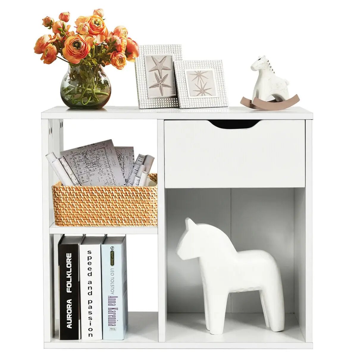 3-Cube Bookcase 2-tier Wooden Storage Shelf with Pull-out Drawer-Brown by DirectDeals
