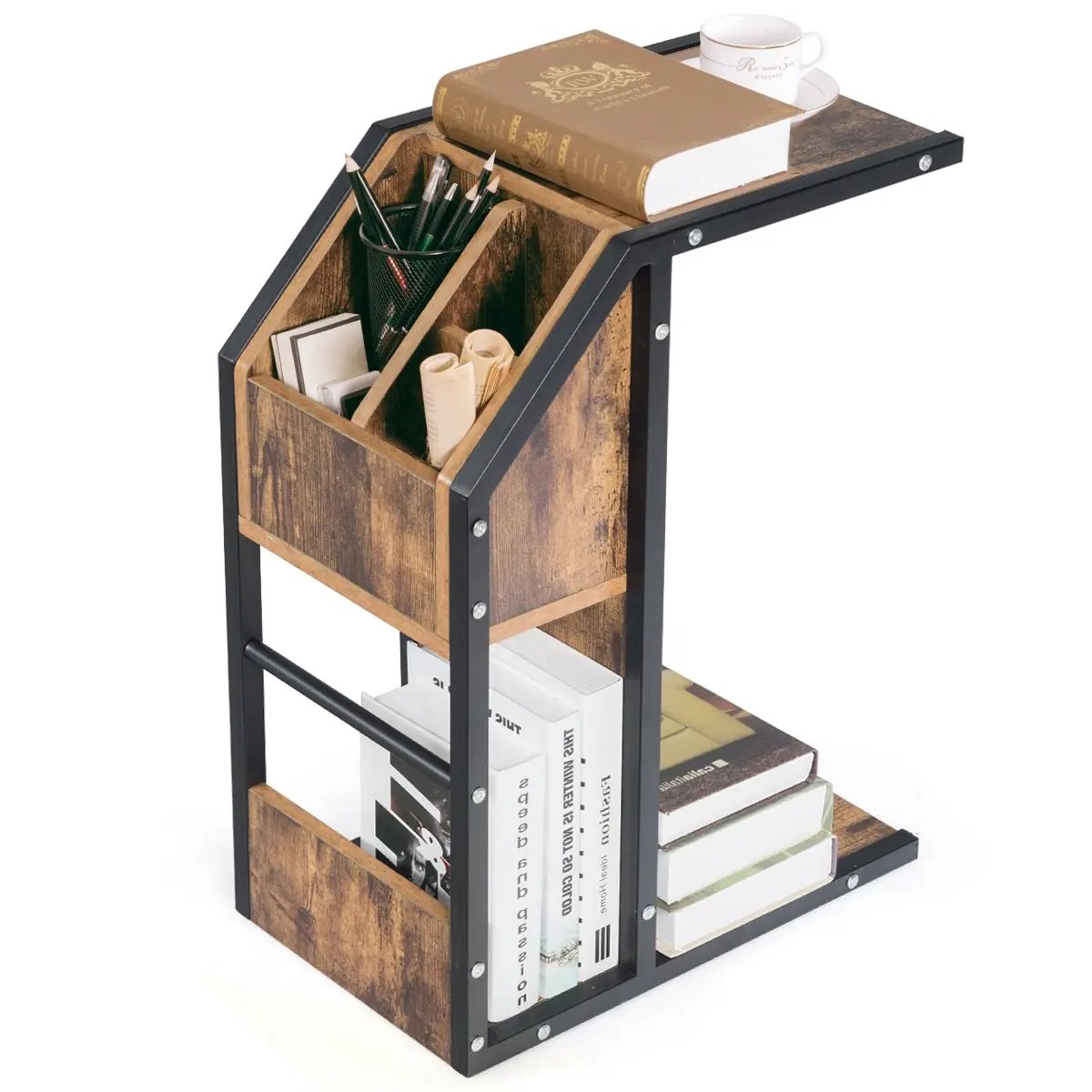 Industrial C-Shape Snack End Table with Storage Space by DirectDeals