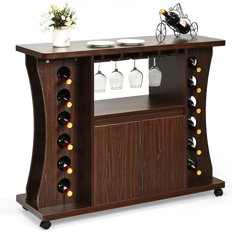 Rolling Buffet Sideboard Wooden Bar Storage Cabinet-Walnut by DirectDeals