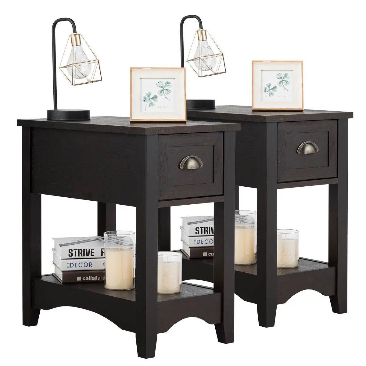 2 Pieces Retro Narrow Tiered End Table with Drawer and Storing Shelf by DirectDeals