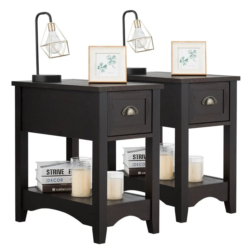 2 Pieces Retro Narrow Tiered End Table with Drawer and Storing Shelf by DirectDeals