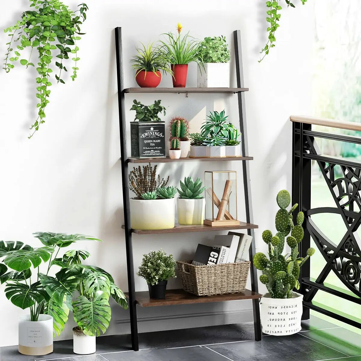 Multipurpose 4-Tier Industrial Leaning Wall Bookcase with Metal Frame by DirectDeals