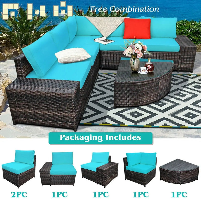 6 Piece Wicker Patio Sectional Sofa Set with Tempered Glass Coffee Table by DirectDeals
