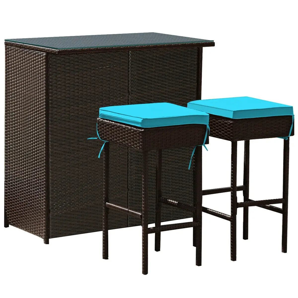 3PCS Patio Rattan Wicker Bar Table Stools Dining Set-Turquoise by DirectDeals
