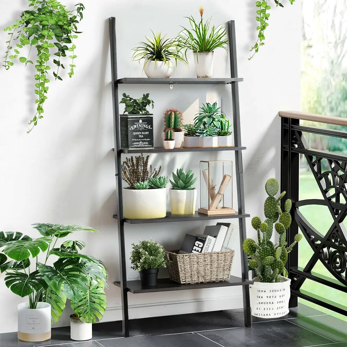 Multipurpose 4-Tier Industrial Leaning Wall Bookcase with Metal Frame by DirectDeals