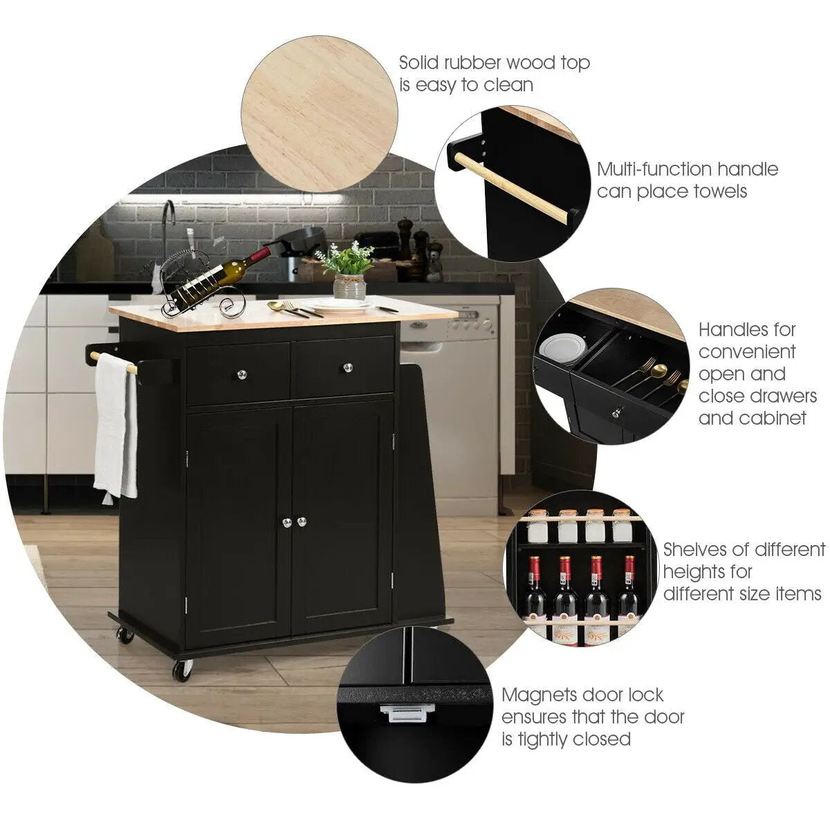 Rubber Wood Countertop Rolling Kitchen Island Cart by DirectDeals