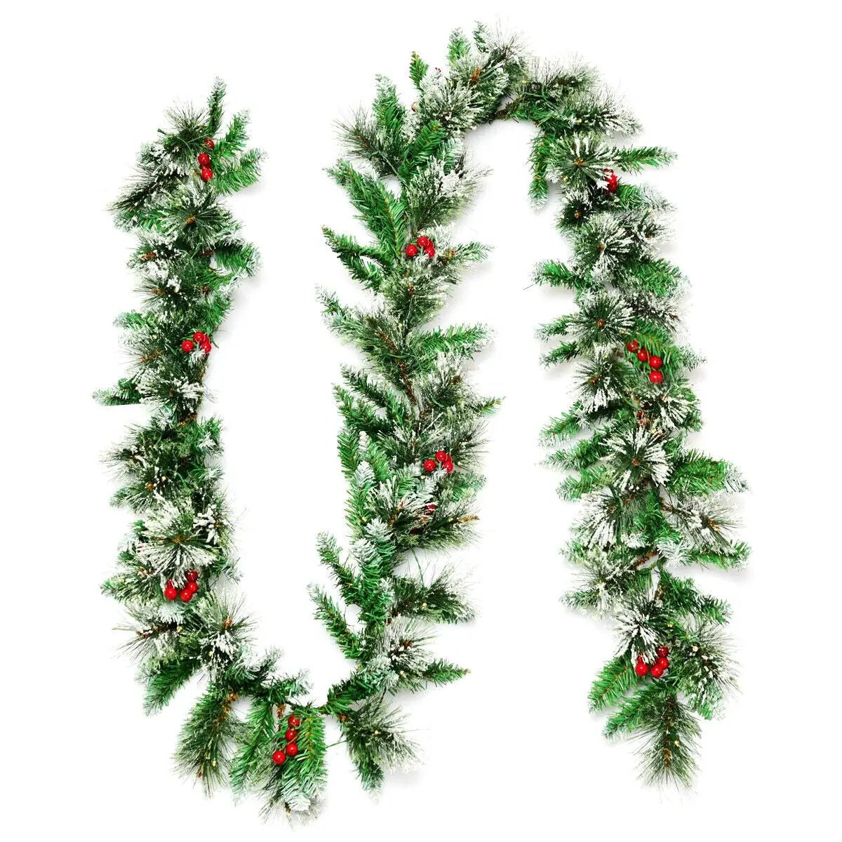 9 Feet Pre-lit Snow Flocked Tips Christmas Garland with Red Berries by DirectDeals