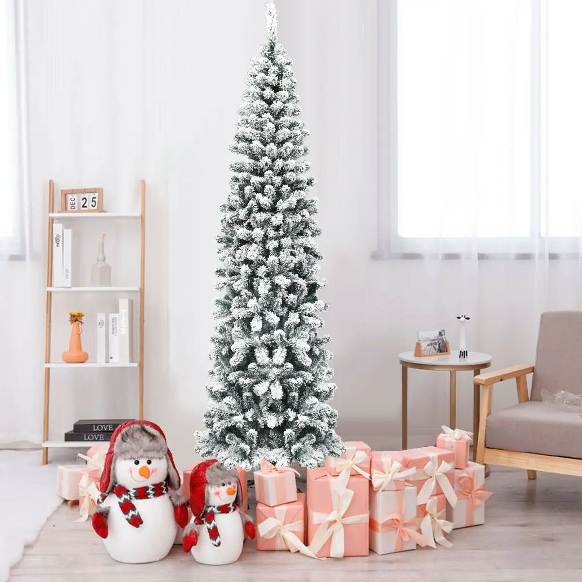 7.5 Feet Unlit Hinged Snow Flocked Artificial Pencil Christmas Tree with 641 Tips by DirectDeals