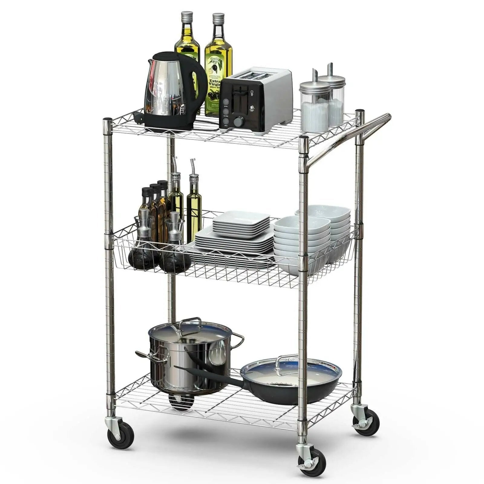 3-Tier Rolling Utility Cart with Handle Bar and Adjustable Shelves by DirectDeals
