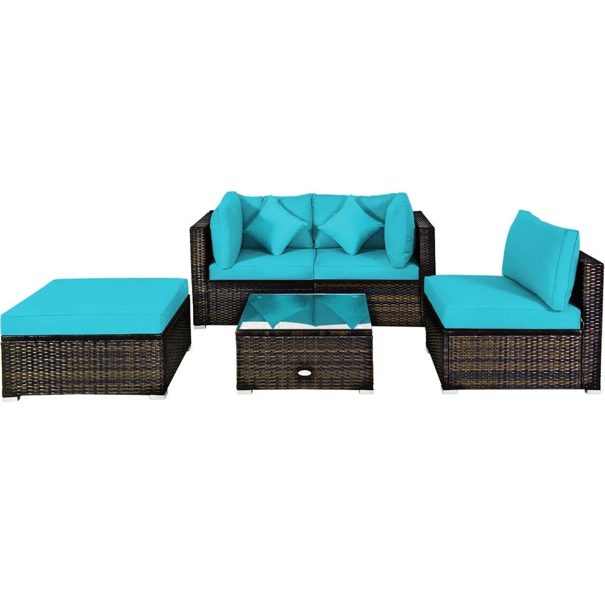 5 Pcs Outdoor Patio Rattan Furniture Set Sectional Conversation with Navy Cushions-Turquoise by DirectDeals
