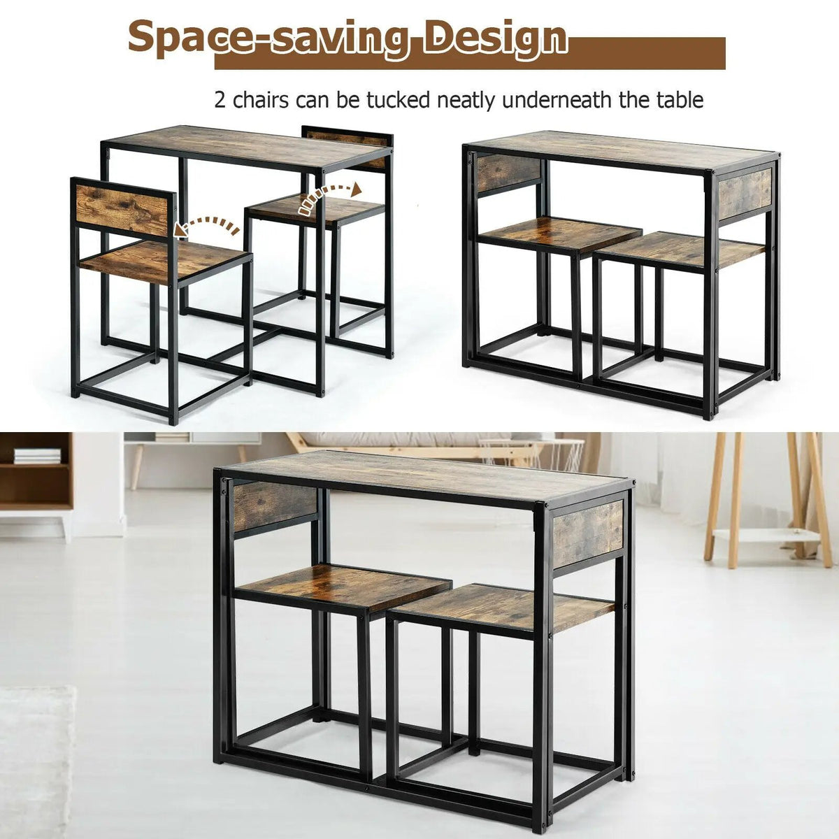 3 Pcs Dining Set Compact Table and 2 Chair with Metal Frame for for Small Space by DirectDeals