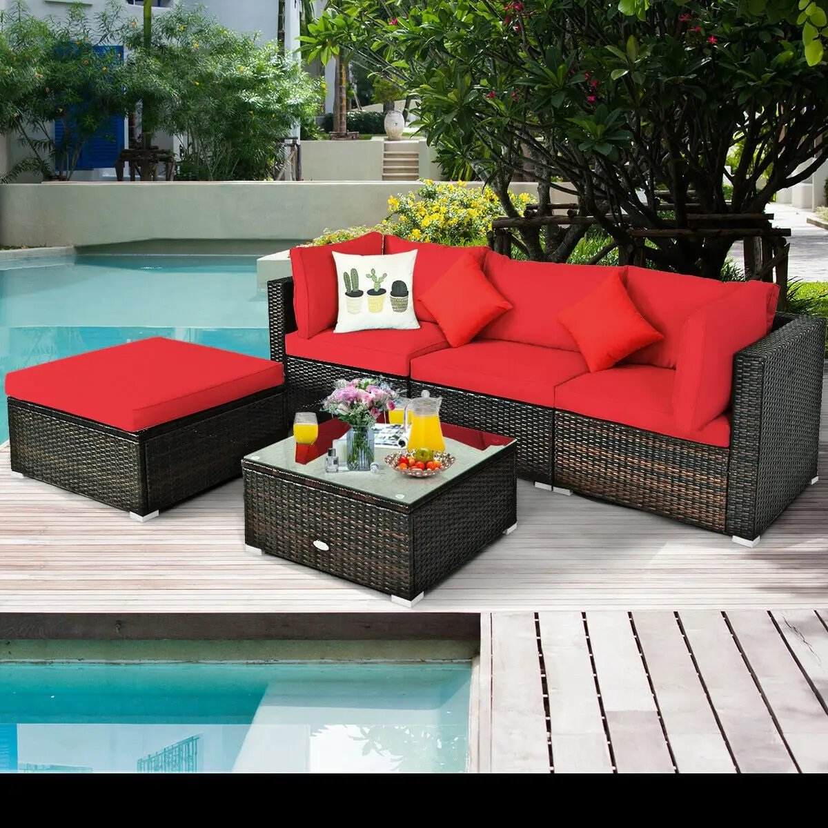 5 Pcs Outdoor Patio Rattan Furniture Set Sectional Conversation with Navy Cushions-Turquoise by DirectDeals