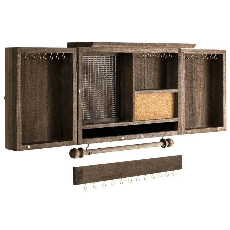 Vintage Wood Wall Mounted Jewelry Organizer with Barn Door-Brown by DirectDeals